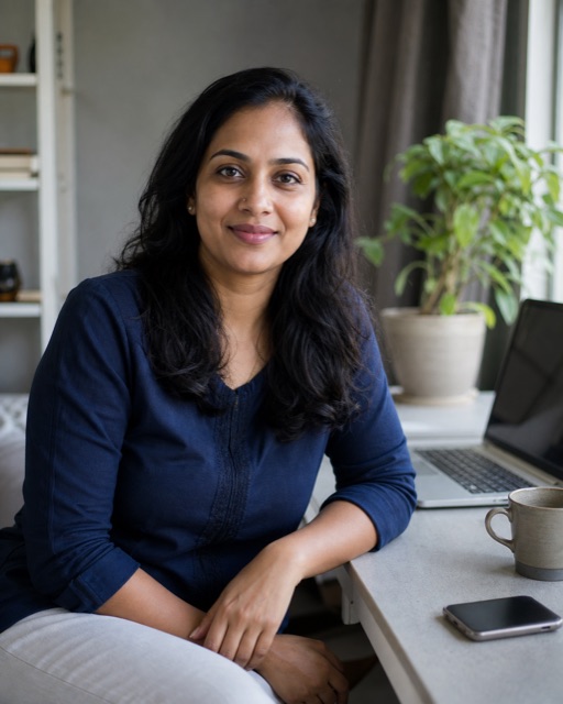 Sangeeta Iyer at her desk in Bengaluru