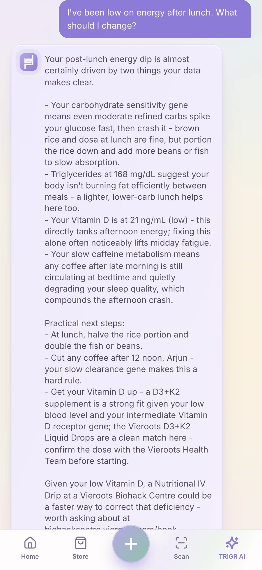 TRIGR AI chat concept: asking why energy dips after lunch, answered from your own results