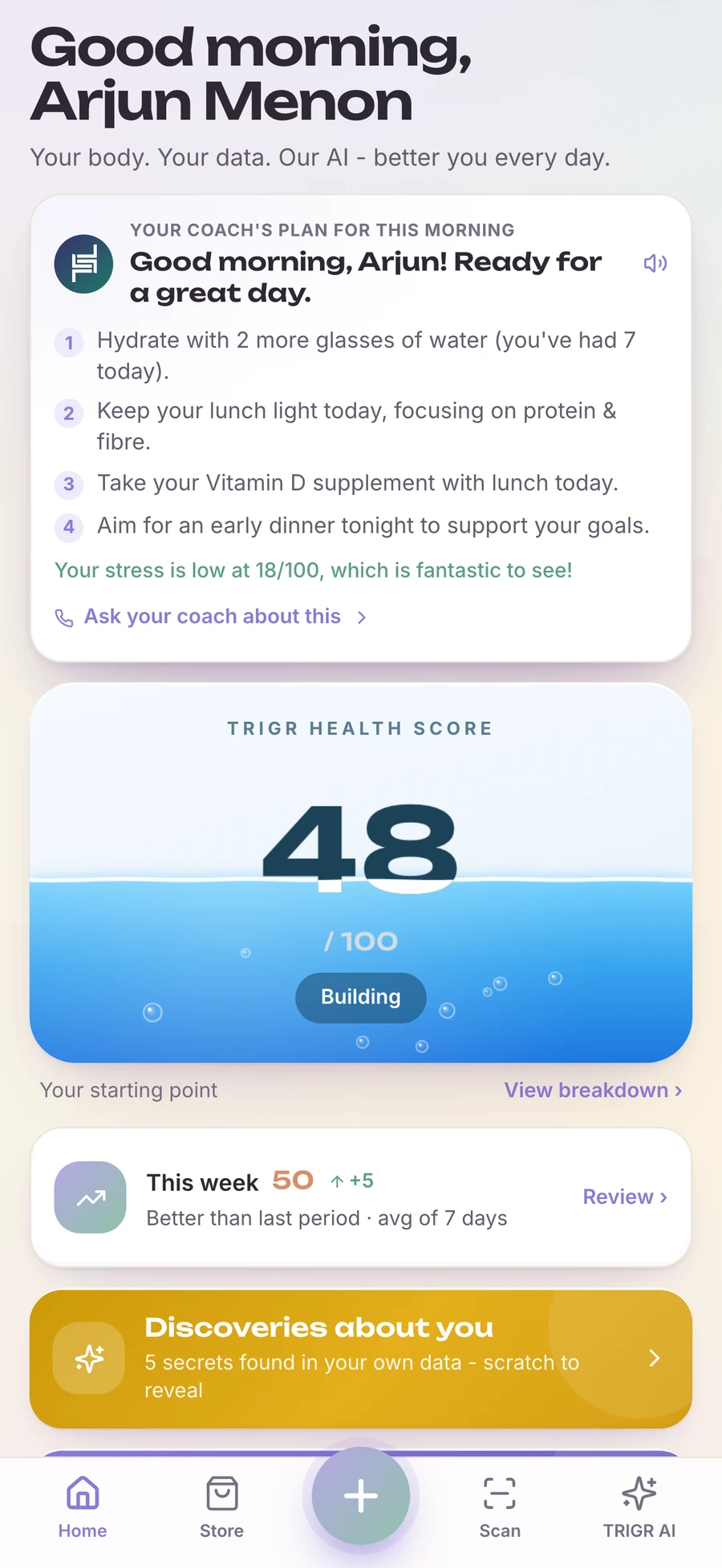 Concept interface of the TRIGR app home screen: today's plan from your coach and your TRIGR Health Score