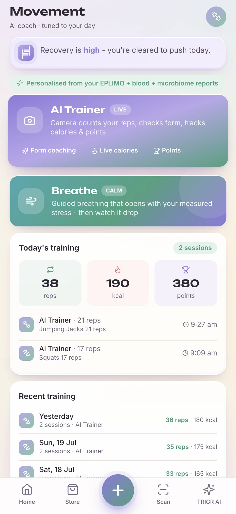 TRIGR movement screen concept: recovery status, AI Trainer with live rep counting, and today's training