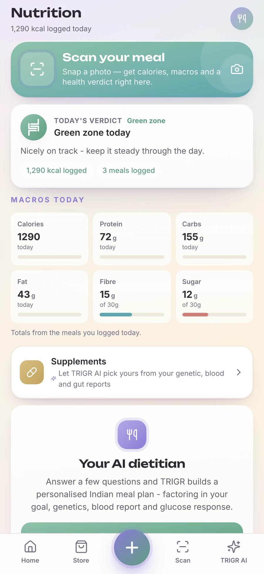 TRIGR nutrition screen concept: scan your meal, today's verdict and macros